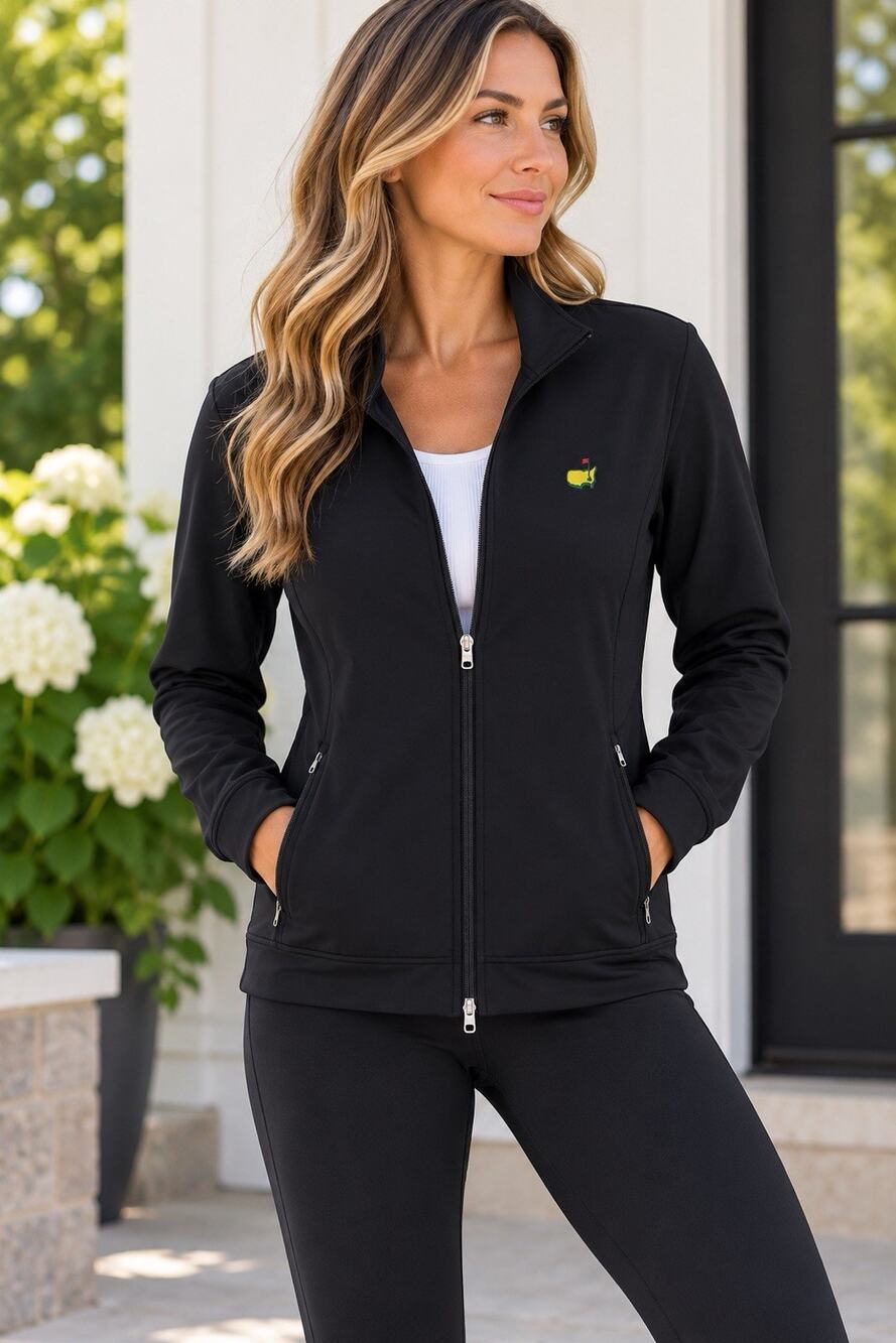 Magnolia Lane Tech Black Full Zip Mock Neck Masters Golf Jacket Sz L Women